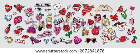 Set of patches for Valentine's day isolated on white background. Fun badges in retro style. Vector pictures: hearts, lips, gifts, cosmetics, lipstick, perfume, flowers, cupid.