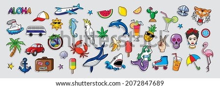Fun travel pictures. Set of patches for clothing isolated on white background.  Badges in retro style. Vector emblems: luggage, palm, parrot, sun, shark, whale, dolphin, ice cream.