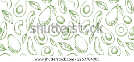 Seamless pattern with avocado. Healthy vegan food. Vector monochrome hand drawn illustration.
