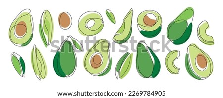 Abstract set with avocado. Whole avocado, halves of avocado and leaves. Botanical elements isolated on a white background. Graphic fruits in linear modern flat style. Vector illustration.