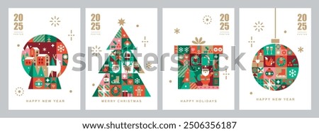 Christmas card templates. Winter icons in abstract modern geometric flat style. Snow globe, Christmas tree and Christmas box. Bauhaus design. Happy holidays. Seasons greetings.Vector illustration set.