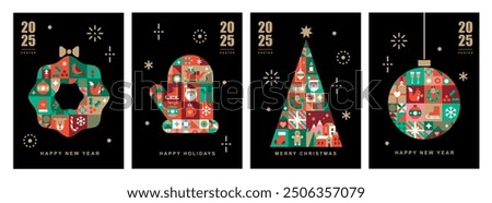 Christmas card templates. Icons in abstract modern geometric flat style. Winter poster set. Christmas wreath, Christmas tree and Christmas mitten. Bauhaus design. Happy holidays. Vector illustration.