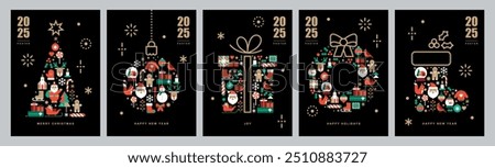 Christmas and Happy New Year card templates.Icons in abstract modern flat style.Winter poster set.Christmas tree, Christmas sock, berries, wreath and present.Season's greetings.Vector illustration.