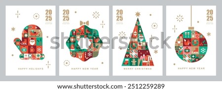 Christmas card templates. Icons in abstract modern geometric flat style. Winter poster set. Christmas wreath, Christmas tree and Christmas mitten. Bauhaus design. Happy holidays. Vector illustration.