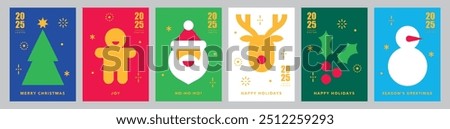 Christmas and Happy New Year card templates.Icons in abstract modern geometric flat style.Winter poster set.Christmas tree, snowman, Santa, deer and gingerbread.Season's greetings.Vector illustration.