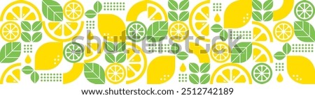 Lemon abstract geometric background.Bauhaus trendy minimalist design.Modern seamless vector pattern with citrus fruits and leaves.Summer botanical illustration.Set of icons in simple flat style.