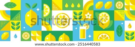 Lemon abstract geometric background. Modern seamless pattern with citrus fruits, leaves and fresh drinks.Summer botanical vector illustration. Bauhaus design.Set of icons in simple flat style. 