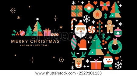 Horizontal Christmas and New Year banner template for card, invitation or advertising.Seamless vertical border with icons in abstract modern flat style.Happy holidays.Winter wishes.Vector illustration