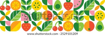 Abstract geometric background. Set of icons in simple flat style. Seamless pattern.Fresh organic food.Fruits, leaves and berries. Watermelon, cherry, strawberry and orange slices.Vector illustration.