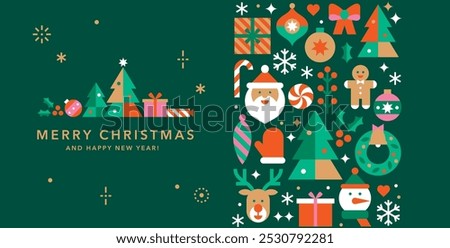 Horizontal Christmas and New Year banner template for card, invitation or advertising.Seamless vertical border with icons in abstract modern flat style.Happy holidays.Winter wishes.Vector illustration