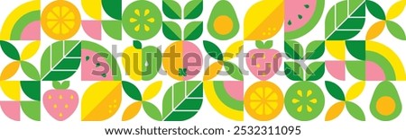 Abstract geometric background. Set of icons in simple flat style. Seamless pattern.Fresh organic food.Fruits, leaves and berries. Watermelon, apple, strawberry and orange slices.Vector illustration.