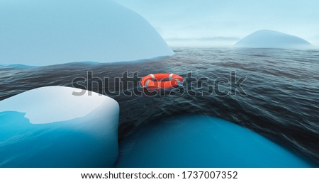 Life buoy near iceberg in arctic sea. Antarctica expedition. Glacier in water. Global warming. Arctic exploration. Antarctica explorer. Climate change winter. South pole expedition.