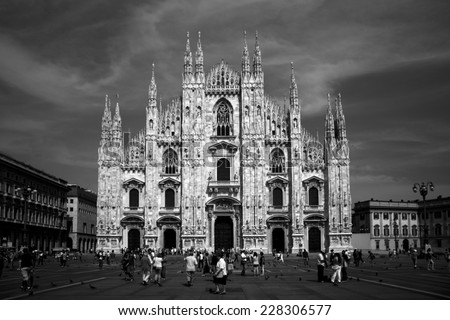 Milan Cathedral (Duomo di Milano) - black and white photo - gothic cathedral church - Milan, Italy