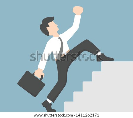 Reaching to the top while skipping steps concept. Businessman stepping to the top stair while holding a briefcase