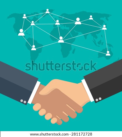 Worldwide cooperation concept - Business handshake with world map and connected user icons