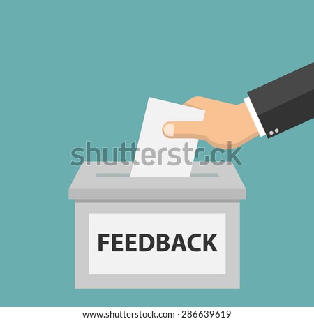 Feedback concept - Hand putting paper in the feedback box - flat style
