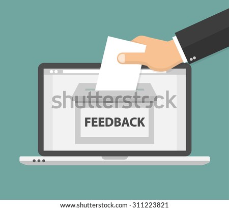 Online feedback concept. Hand putting paper in the feedback box. Flat style