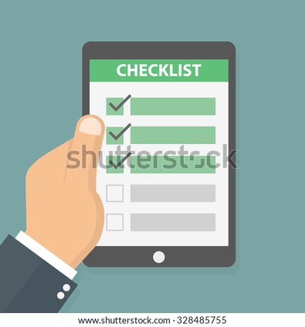 Hand holding tablet with checklist on it. Flat style