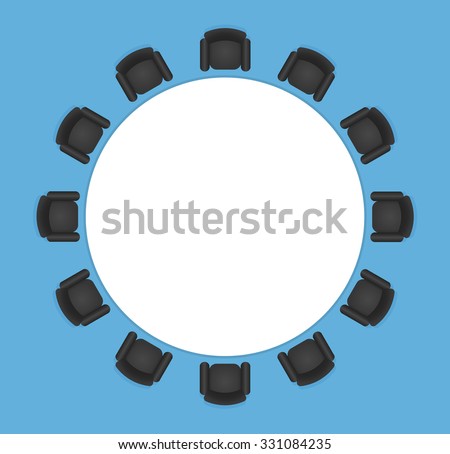 Conference or office table with black leather seats. Circle shaped, top view