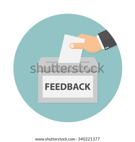 Feedback icon concept. Hand putting paper in the feedback box. flat style