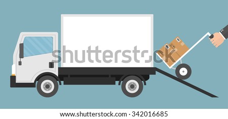 Delivery concept. Hand pushing hand cart or dolly in to a truck storage through a ramp. Flat style