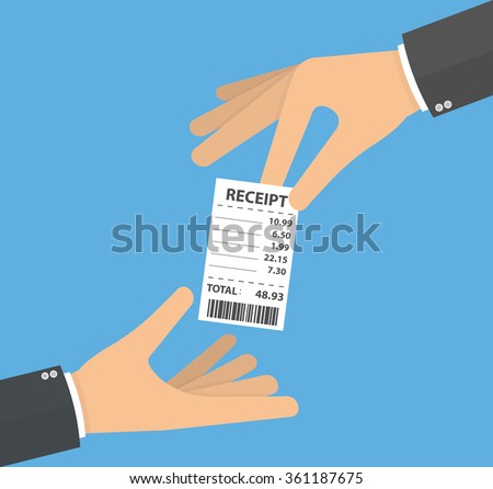 Hand giving and receiving receipt . Handing over and taking the receipt or asking for receipt concept. Flat design