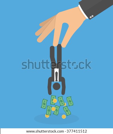 Hand holding stick figure businessman upside down shaking out the money of his pocket. Loan shark concept. Flat design