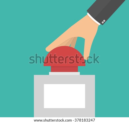 Hand pushing or pressing the big red button with blank label. Side view. Flat style 
