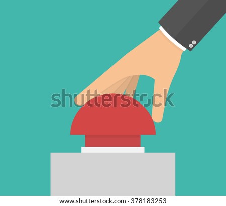 Hand pushing or pressing the big red button. Side view. Flat design 