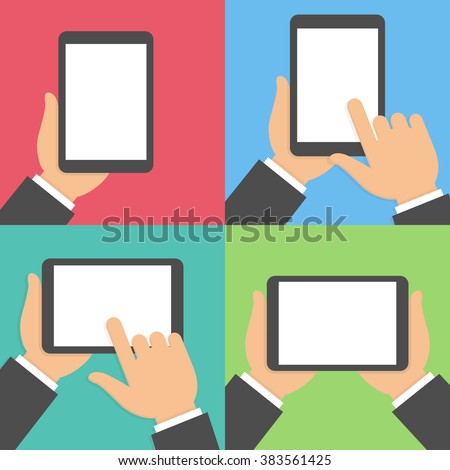 Tablet usage icon set. Hand holding and pointing to tablet with blank screen. Vertical and horizontal view. Flat design