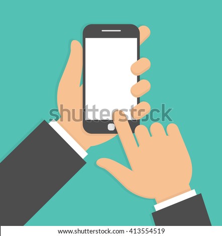 Hand holding and pointing to a smartphone with blank screen. Flat design