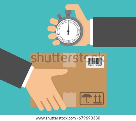 Delivery in time concept. Hand holding a stopwatch and a cardboard package