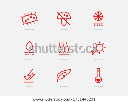 Garments fabric vector icons outline symbolset - Anti Bacterial
Anti Fungal, Snow Proof, Water Resistant, Heat Resistant, UV Protection, Anti Static, Less Weight, 
Thermo Regulating Foto d'archivio © 