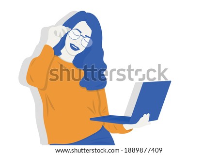 Portrait of a girl in glasses wearing casual outfit, holding a laptop, flat illustration of studying at home during lock down 