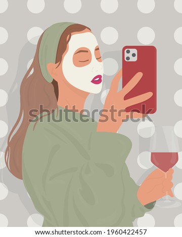 Hand drawn vector portrait of a young woman taking selfie while using facial mask and drinking wine