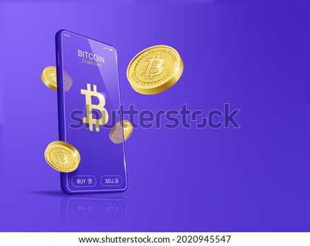 Trade Bitcoin (BTC) on mobile through the system Cryptocurrency. Perspective Illustration about Crypto Coins.