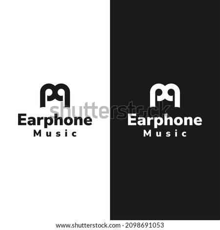 Double Meaning Logo Design with Music Icon and Ear phone or Head phone. Black and White Background. Vector Illustration