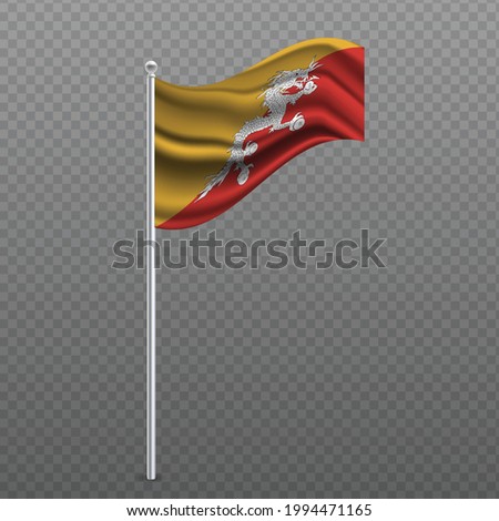 Bhutan waving flag on metal pole. Vector illustration.
