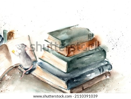 
Watercolor fantasy library rat for greeting cards, posters, design. Not isolated.