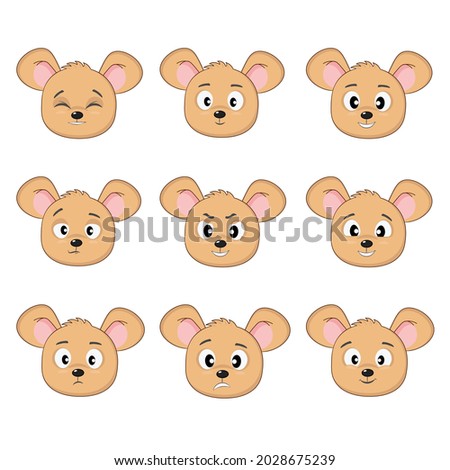 A set of cute expressions of mouse faces is funny, cute, insidious, cool, confused, squinted, surprised, smiling, contented. Wind cartoon illustration for children