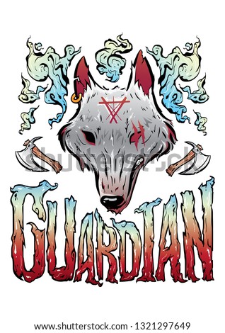 Grey fairytale wolf head vector illustration with freedom symbol and guardian text with smoke and axe elements