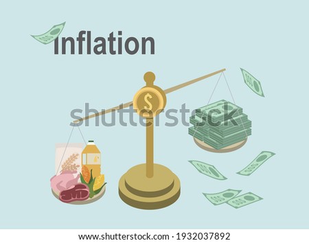 Inflation. Goods prices, money value on scale example. Explained economical finance changes process. Increasing general price level and purchase are getting more expensive annually.
