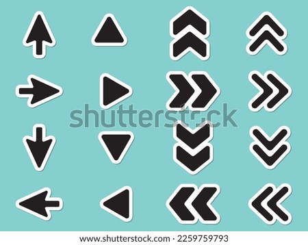 Sticker style white edged arrow icon set.
Arrows without bars or double arrows.