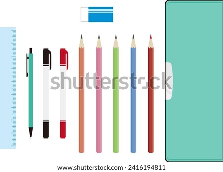 Set of pencil case, pencil, ruler, eraser and pen
