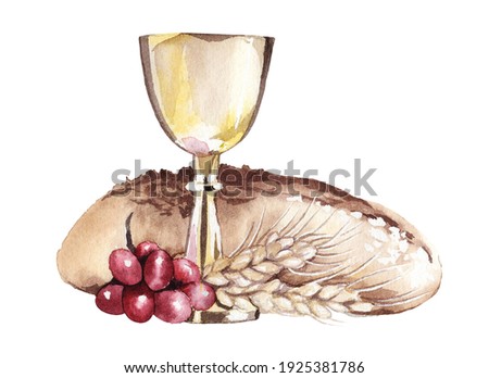 Watercolor illustration.  Holy Communion, Last Supper.  A bowl of wine, bread, grapes and ears of wheat.  Easter service, Catholicism, Protestantism Photo stock © 