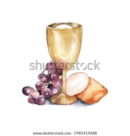 Watercolor illustration. Holy Communion, Last Supper. A bowl of wine, bread, grapes and ears of wheat. Easter service, Catholicism, Protestantism Photo stock © 