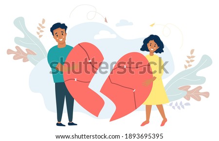 Ethnic couple holding broken halves of the heart. Blacks Man and woman reunite, uniting cracked heart. Vector. Concept of love, restoration of relationships and family, conflict resolution, teamwork