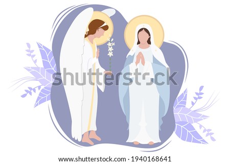 Annunciation to the Blessed Virgin Mary. Virgin Mary, Mother of Jesus Christ in blue maforia and Archangel Gabriel With lily On a decorative background. Religious Catholic and Orthodox holiday. Vector
