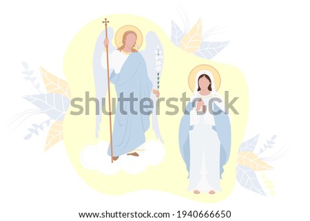 Annunciation of the Most Holy Theotokos. Virgin Mary, Mother of Christ in a blue maforia and Archangel Gabriel with a lily on a background with decor. Religious Catholic and Orthodox holiday. Vector