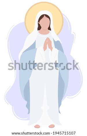 Holy Mary Mother of God or Mother of God. Virgin Mary in a blue maforia prays meekly. Vector illustration for Christian and Catholic communities, design, decoration of religious holidays and history